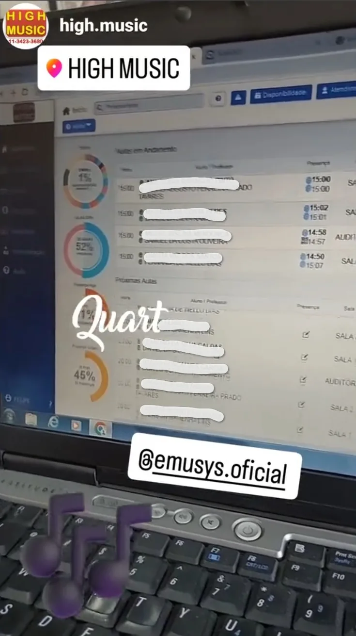Escola de música usando a Emusys