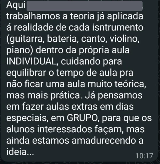 Print de mensagem trocada no grupo de WhatsApp da comunidade Emusys