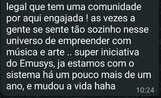 Print de mensagem trocada no grupo de WhatsApp da comunidade Emusys