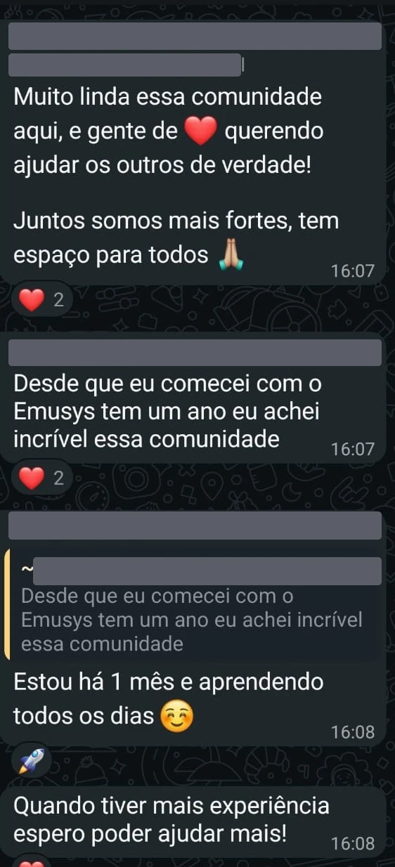 Print de mensagem trocada no grupo de WhatsApp da comunidade Emusys