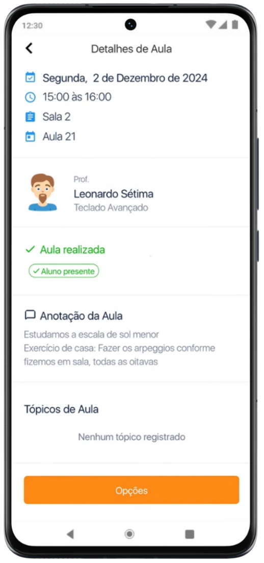 Tela de detalhes de aula no aplicativo do aluno da Emusys, com data, professor, presença e anotações