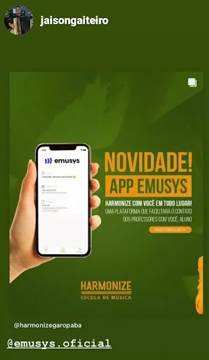 Story de escola de música divulgando o app da Emusys