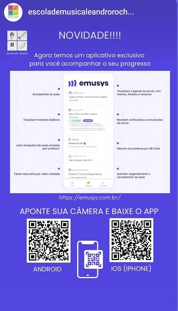 Story de escola de música divulgando o app da Emusys