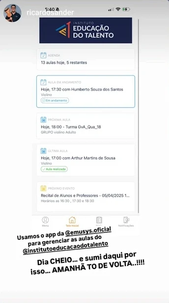 Story de escola de música divulgando o app da Emusys